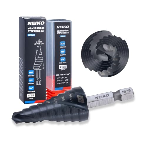 Image of NEIKO 10608B Step Drill Bit, 9 Steps 1 /4 inch to 3 /4 inch Spiral M35 Cobalt, AlTiSiN Coated, 1 /4 inch Quick Change Step Bits for Steel, Metal, Wood, Plastic, Unibit Cone Drill Bits, Two Flute