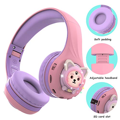 Riwbox Kids Headphones, Baosilon Cb-7S Cat Kids Toddler Headphones With Led Light, 75/85/95Db Volume Limited, Kids Wireless Headphones With Mic For School/Tablet/Girls (Purple) #TOP4