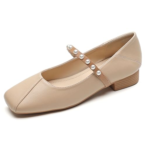 Women's Classic Fashion Square Toe Low Heel Mary Jane Shoes Classic and Comfortable One Line with Pearl Thick Heels Mary Jane Shoes
