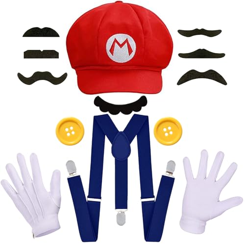 ratote Novelty Mari and Luigi Costume for Adult,Women and Men - Halloween & Cosplay Accessory Set with Hat, Mustache, Gloves, Buttons, and Suspenders (Red)