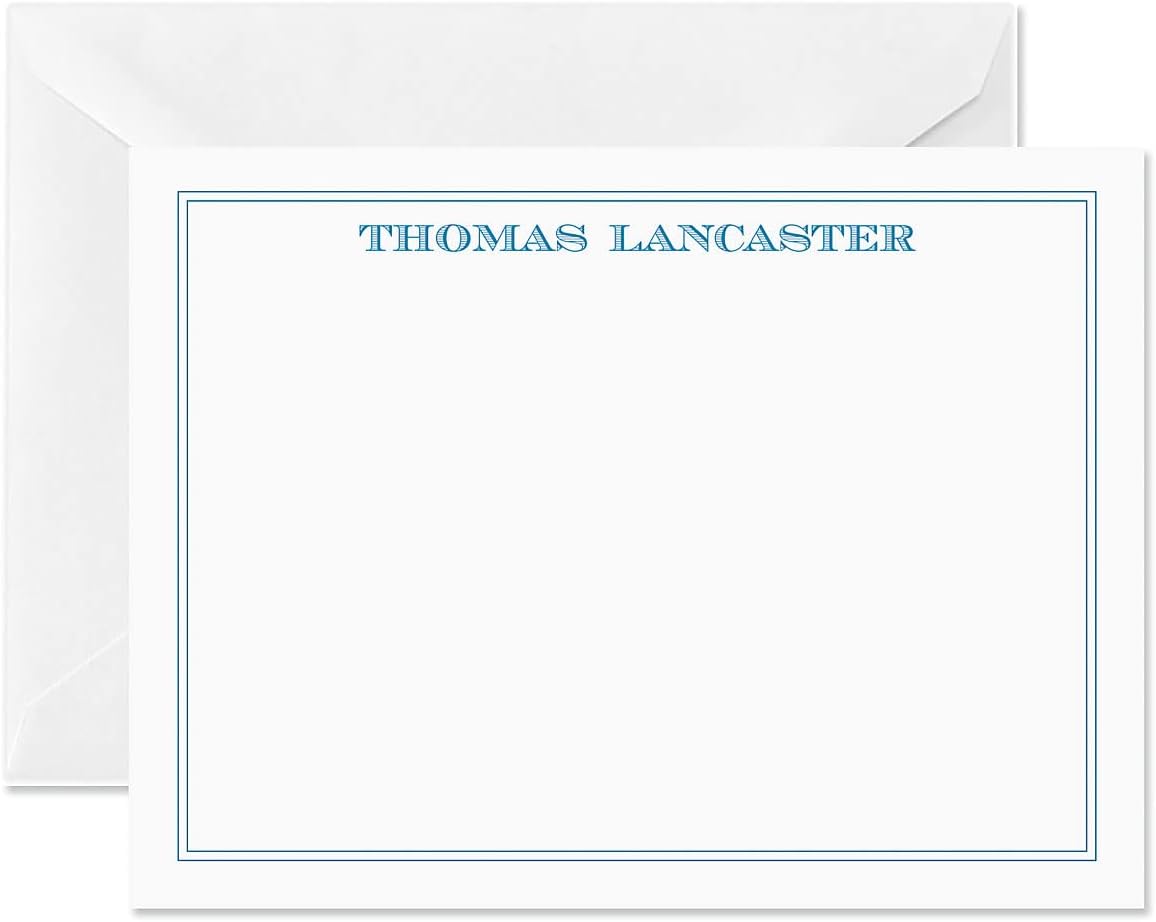 14 & Orange Aqua Border Personalized Flat Note Cards – 4⅛ inches x 5½ inches, Elegant Heavyweight Stock, Matching Envelopes, (Set of 10)