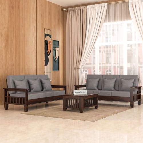 Image of Sheesham Wooden 6 Seater Sofa Set for Living Room | Rosewood Cushion Sofa with Side Newspaper Holder for Home & Office | Solid Wood Sofa Set for Lounge (Walnut, 3+3 Seater)