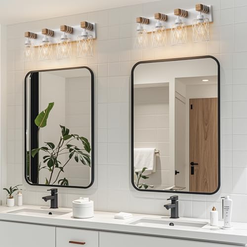 Image of IZORRO Farmhouse Bathroom Vanity Light, 4-Light Wood Bathroom Light Fixtures Over Mirror, Matte White Industrial Vanity Lights with Metal Shade, Rustic Restroom Lighting Fixtures