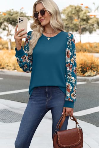 Long Sleeve Shirts for Women Fall Fashion Tops Trendy Casual Floral Teal L | Winter clothing 2026, dressy tops, puff sleeve, round neck, fall essentials, lightweight, juniors - image 3