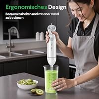 Stabmixer 4-in-1, 1000W Pürierstab Edelstahl, Stufenlose Geschwindigkeitssteuerung und Turbo, Inkl. 500ml Lebensmittelhacker und 700ml Messbecher, für Babynahrung, Suppen, Smoothies, Weiß – Ansicht 3