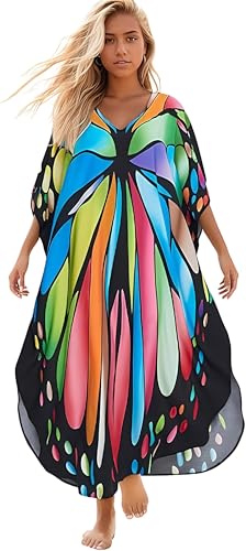 Tinawusi Plus Kaftan Non-Sheer Cover Up One Size - Colorful Butterfly