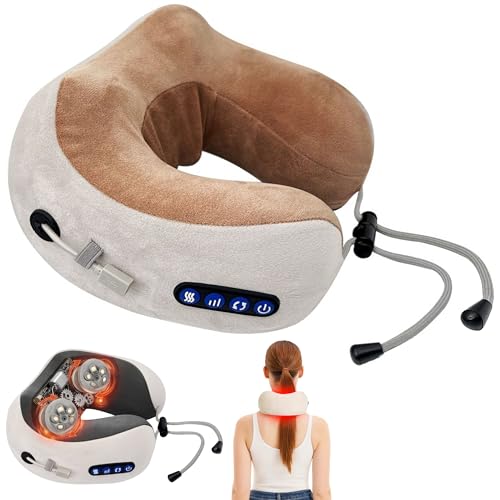 ILIEMOC Portable Heated Neck Pillow Massager Warm Compress & Rechargeable Electric Cushion with Vibration for Pain Relief Comfort & Relaxation Thoughtful Gift for Travel Home & Office (Brown)