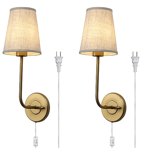 Image of Pathson Set of 2 Plug in Fabric Wall Sconce Linen Cloth Shade, 1-Light Vintage Wall Light Fixture for Living Room Bedroom