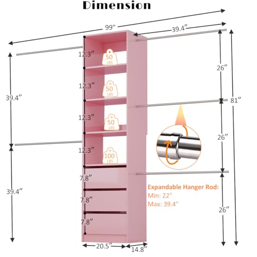 Closet-System-5FT-8FT-Custom-Closet-Organizer-System-99-Walk-in-Wood-Closet-Storage-System-with-Drawers-4-Expandable-Hanging-Rods-Wall-Mount-Pink Closet System 5FT 8FT Custom Closet Organizer System 99 Walk in Wood Closet Storage System with Drawers 4 Expandable Hanging Rods Wall Mount Pink