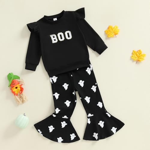 Baby Girl Halloween Outfit Letter Embroidery Long Sleeve Sweatshirt Ghost Flare Pants Cute Fall Clothes Sets3