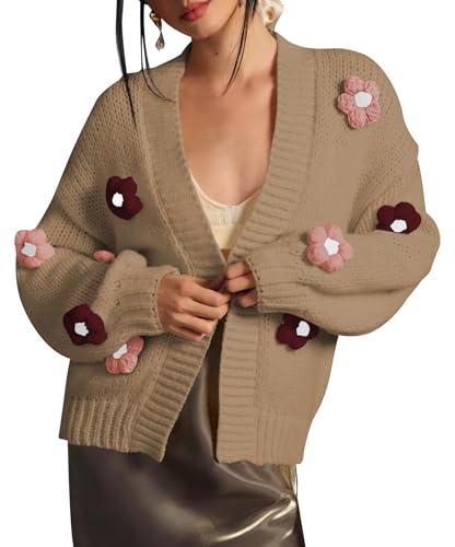 Cakulo Womens 2024 Cardigan Sweaters Fall Oversized Chunky 3D Flower Open Front Knit Cardigans Trendy Light Brown M