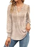 EFFAN Womens Tops V Neck Long Sleeve Ladies Blouse Elegant Floaty Floral Printed the Holiday Shirt Party Tunic, Apricot S (UK 8-10)