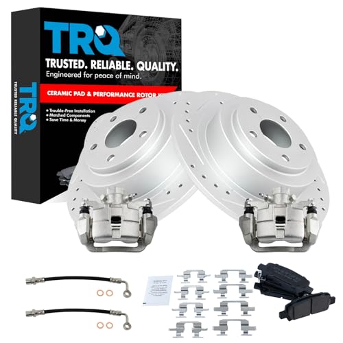 Image of TRQ Performance Rear Brake Pad and Rotor Set Ceramic Drilled Slotted Coated Calipers Compatible with 2003-2006 Subaru Baja 2000-2004 Legacy Outback
