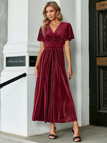 Image of Simplee Women's V Neck Velvet Maxi Dress Short Sleeve Empire Waist Long Formal Dress for Wedding Guest