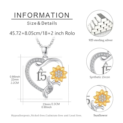 JUSTKIDSTOY 18 Year Old Girl Birthday Gifts/Sweet 15th/16th/21st/60th/80th Birthday Gifts for Daughter 925 Sterling Silver Sunflower Heart Pendant Necklace for Women Girlfriend Sister Christmas Anniversary Jewelry4