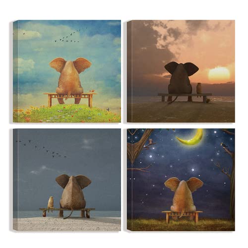 Cartoon Elephant Wall Art Nursery Animals Canvas Pictures Resting Elephant Looking To The Sky Paintings Cute Animal Prints 4 Pieces Artwork For Bedroom Living Room Bathroom 12”X12” #TOP28