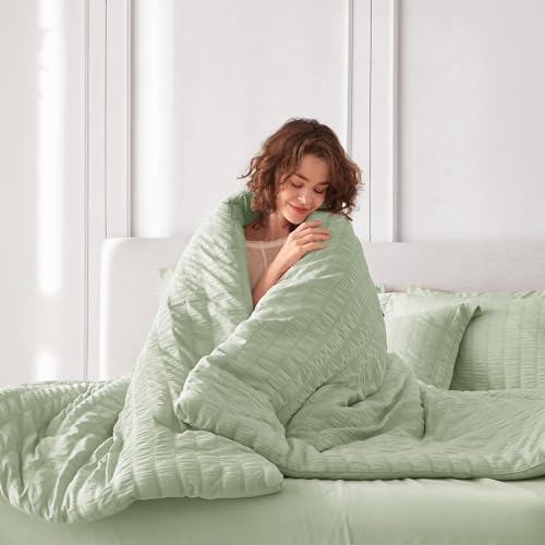 Image of MUXHOMO 7 Pieces King Comforter Set, Seersucker Bed in a Bag King Size, All Season Luxury Bedding Set with Comforter, Flat Sheet, Fitted Sheet, Pillowcases & Shams, Light Green