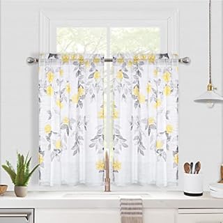 CAROMIO Yellow Kitchen Sheer Curtain 36 Inch Drop, Yellow Flower Ink Leaves Home Décor for Cafe Window Rod Pocket Design, Yellow Flower/ White, 26x36 Inch, 2 Panels