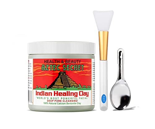 Aztec Secret Indian Healing Clay 1 lb, Deep Pore Cleansing Facial & Body Mask, The Original 100% Natural Calcium Bentonite Clay W/ Custom F.O.Y Brand Mask Brush and Measuring Spoon
