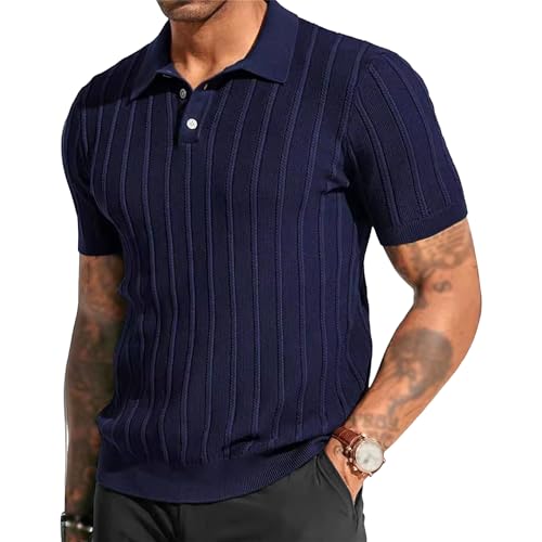 Zylphorix Men Suit Collar Striped Knit Shirts Quarter Button Hollow Out Knitted T Shirt Summer Lapel Short Sleeve Pullover (Dark Blue,Large)