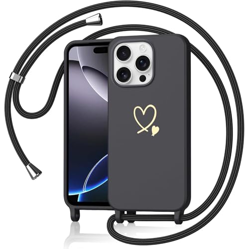 Yichxu Etui z łańcuszkiem na iPhone 16 Pro Max z paskiem, zdobienie w kształcie serca, etui z łańcuszkiem do zawieszenia, sznurek, etui ochronne z łańcuszkiem, miękka obudowa TPU Liquid Silikon do