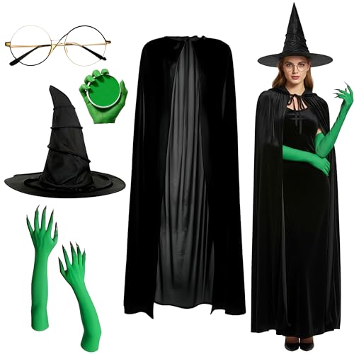 Halloween Witch Costume Set Witch Hat&Green Claw Gloves&Glasses&Palette Cape Costume Accessories for Wizard Cosplay