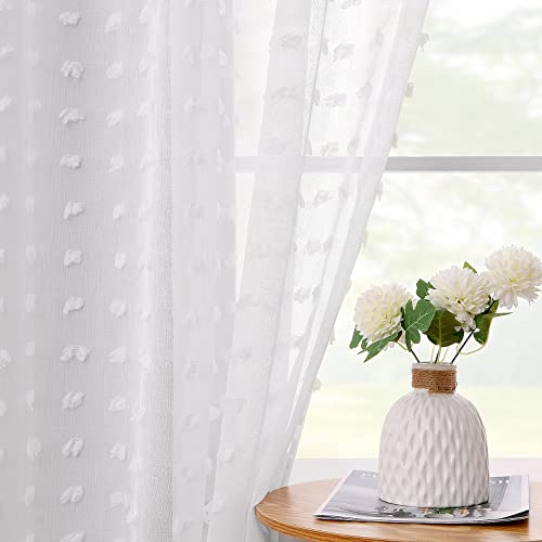 White Sheer Curtains 108 Inches Length Tab Top Sheer Curtain Polka Dot Long White Curtain Panel White Textured Curtain Boho Farmhouse Window Curtain High Ceilling Large Window 52X108 Long 9Ft 1 Pair #TOP3