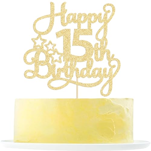 1 Pack Happy 15th Birthday Cake Topper Gold Glitter Mis Quince 15 Cheers to 15 Years Old Cake Pick for Celebrating 15th Birthday Anniversary Party Cake Decorations Supplies