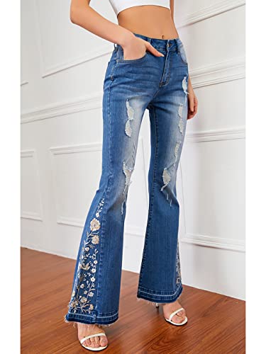 Anna-Kaci Womens Floral Daisy Embroidered Mid Rise Bell Bottom Flare Frayed Hem Jeans3