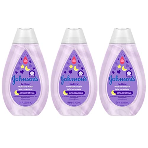 Johnson's Bedtime Baby Moisture Body Wash with Coconut Oil, Washes Away 99.9% of Germs, Tear-Free Night Time Bath Wash, Hypoallergenic, Paraben- & Dye-Free, No-Animal Testing, 13.6 fl. oz (Pack of 3)