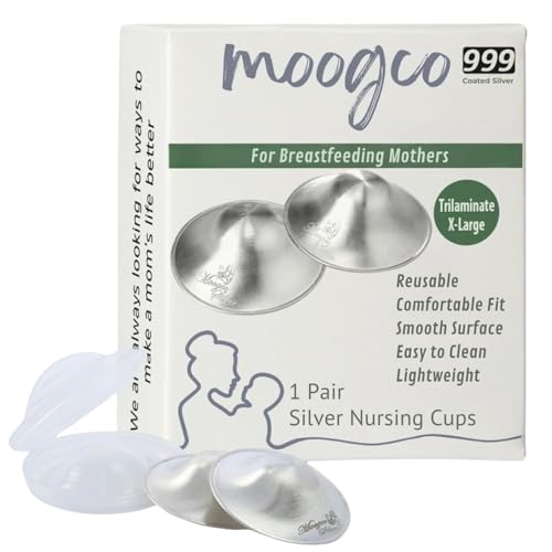 Image of MOOGCO Silver Nursing Cups — 999k Silver Nipple Shields for Breastfeeding — Most Durable, Chemical-Free Protection for Larger Cup Sizes (X-Large, Set of 2)