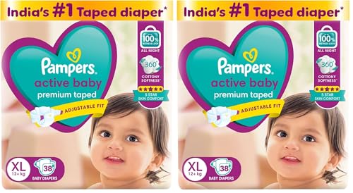 Image of Pampers Active Baby Taped Diapers, Extra Large size diapers, (XL) 38 count, taped style custom fit (Pack of 2)
