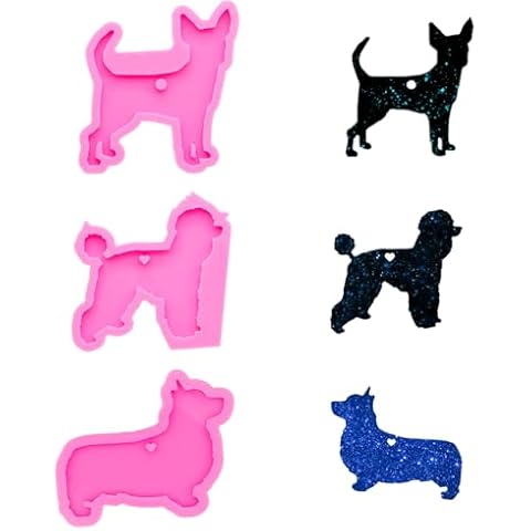 3 PCS Glossy Shiny Corgi Chihuahua Husky Shiba Inu Dachshund Dogs Keychain with Hole Silicone Mold for DIY Fondant Trinket Gum Candy Pudding Jelly Shots Luggage Tag Cake Decor Crystal Earrings Cover