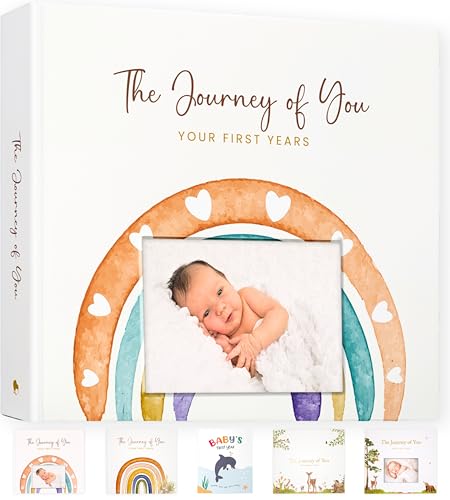 Image of Baby Memory Book with Customizable Photo Cover, 5-Year Milestone Journal, Gender Neutral Boho Rainbow Keepsake Album, 108 Pages, Flat-Lay Wire-O Binding, FSC Archival Paper, Keepsake Box and Envelope