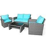 TBGFPO 4PCS Patio Rattan Furniture Set Sofa Table W/Storage Shelf Turquoise/Red/Gray Loveseat Coffee