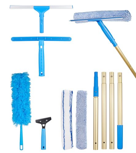 Image of 2 in 1 Window Squeegee Cleaning Kit with Aluminum Alloy Extension Poles, Scrubber, Glass Scrapper, Bendable Duster,2 Scrubber Cloth for Window, Car, Floor, Home, Garden