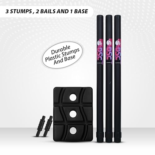 Image of DSC Plastic Cricket Stump Set | Color: Black | Size: Men | Material: Plastic | with 3 Stumps, 2 Bails and 1 Base | Durable | Lightweight and Portable | for Both Indoor and Outdoor use