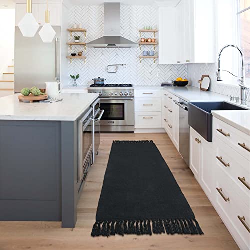 Seavish Black Hallway Runner Rug Machine Washable Rug, 2X6 Kitchen Runner Rug Cotton Hand Woven Reversible Farmhouse Low-Pile Entryway Rug For Laundry Room Bedroom Bathroom Foyer Living Room #TOP1
