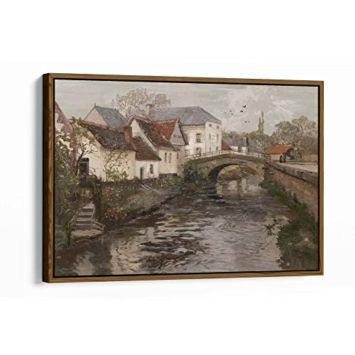 Vintage Framed Canvas Print Wall Art, Farmhouse Decor, Village House By The River, Country-Side View Photography Realism Oil Painting For Living Room, Bedroom, Office Wall Decor, Old European Country River, Floating Framed #TOP5