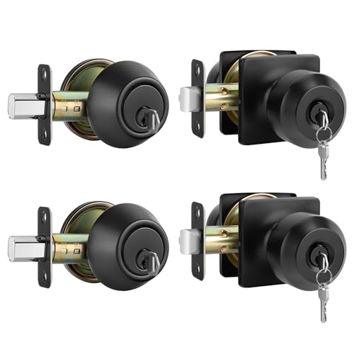 Haidms Entry Black Door Knobs and Deadbolt Combo Set, Keyed Alike - Matte Black Door Knobs with Lock and Keys for Front Door, Exterior, Front Door Lock Set with Single Cylinder Deadbolt -2 Pack
