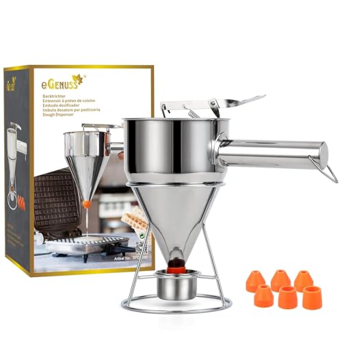 eGenuss Entonnoir à piston inox 1200 ml – Distributeur de pâte précis avec poignée amovible, graduations, 7 buses silicone & support – Pour crêpes, gâteaux &...