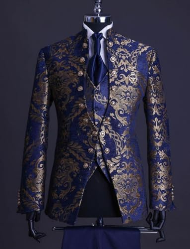 Men's 3-Piece Stand Collar Suit Jacquard Jacket Vest with Pants Tuxedos Formal Party Prom2