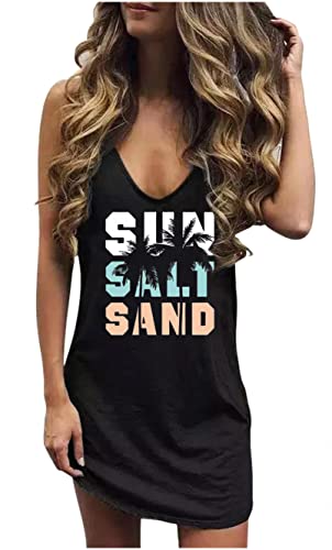 Image of Live Simple Coconut Tree Sleeveless Mini Dress Summer Beach Mini Dress Women's Summer Casual Sexy V Neck Mini Tank Dress