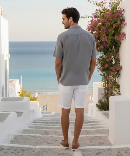 Image of VastraVibes Premium Cotton Linen Shirt for Men | Half Sleeve Slim Fit Casual Shirts | Lightweight Beach Wear & Festive Outfits | Trending Pastel Colors
