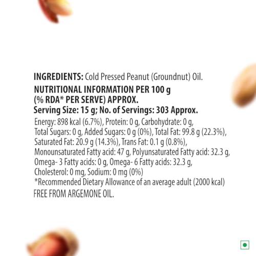 Image of Del Monte Cold Pressed Groundnut (Peanut) Oil 5L,Kolhu /Kacchi Ghani /Mara Chekku /Ganuga|100% Pure & Unrefined|Nutty Flavour & Aroma|Good For Heart Health (Pack of 3)