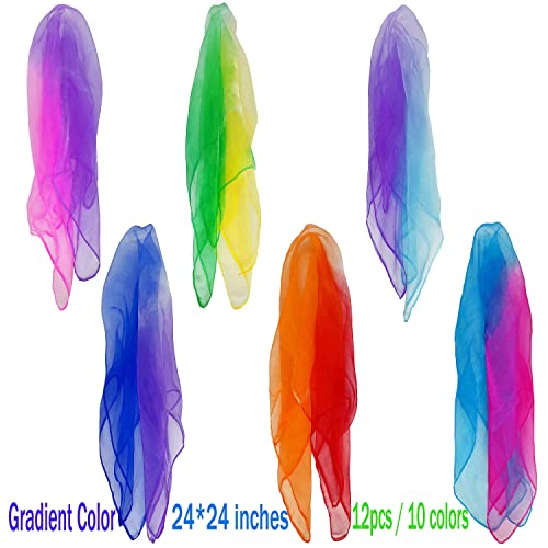Lolakee Dance Scarves For Kids Play Gradient Color Juggling Scarves For Babies Toddlers Children Movement Square Silk Magic Tricks Scarves Music Dancing Scarf Rhythm Band Scarves (12 Pcs, 24" X 24") #TOP1
