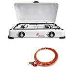 BRENNER Dual Burner Gas Camping Stove – Portable Outdoor Cooker with White Enamel Lid, Manual Ignition & 37mbar Regulator – LPG, Propane & Butane Compatible – Ideal for BBQ, Caravan & Picnic Cooking