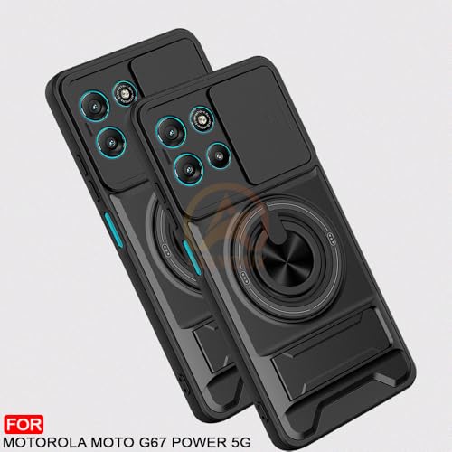 Image of Moto G67 Power / G57 Power 5G Back Cover | Armor Camera Slider 360 Degree Rotating Finger Ring Holder Case with Bracket Stand Back Case Cover (Compatible with MagSafe Accessories) (Black)