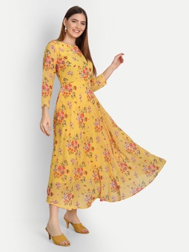 Image of Women's Floral Printed Georgette Standard Regular Fit and Flare Casual Knee Length Western Dress