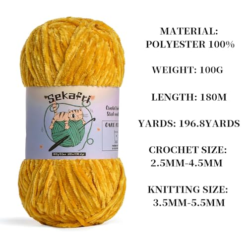 Image of 3 Pack of 300g (590yds) Fuzzy Chenille Yarn for Crocheting,Fluffy Amigurumi Crochet Yarn for DIY Craft /Hat /Clothes, Soft Velvet Baby Blanket Yarns(3 Turmeric)